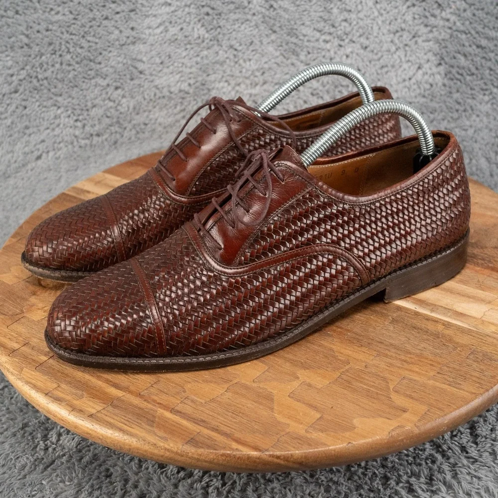 Salvatore Ferragamo Woven Leather Oxford Men's 9 D Brown Cap Toe Basket Weave
